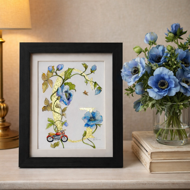 Initiale peinte à la main d'une feuille d'or véritable et d'un décor à l'aquarelle d'anémones - sur commande