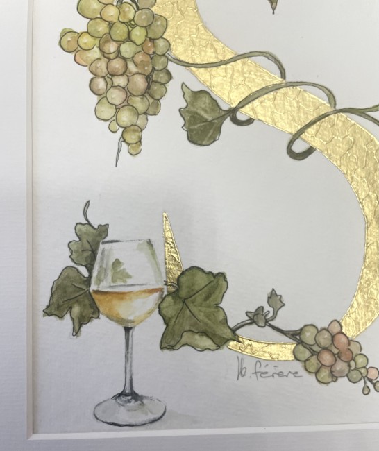 Initiale peinte à la main d'une feuille d'or et entourée d'un décor de vigne à l'aquarelle cadeau mariage - baptême - anniversaire -