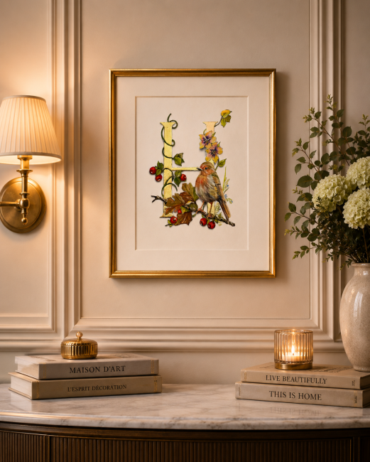Initiale peinte à la main d'une feuille d'or véritable et d'un décor à l'aquarelle d'un rouge gorge - sur commande