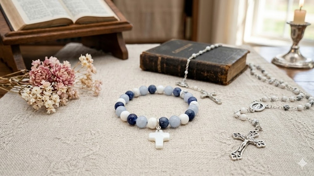 bracelet communion pierres naturelles bleu et blanc