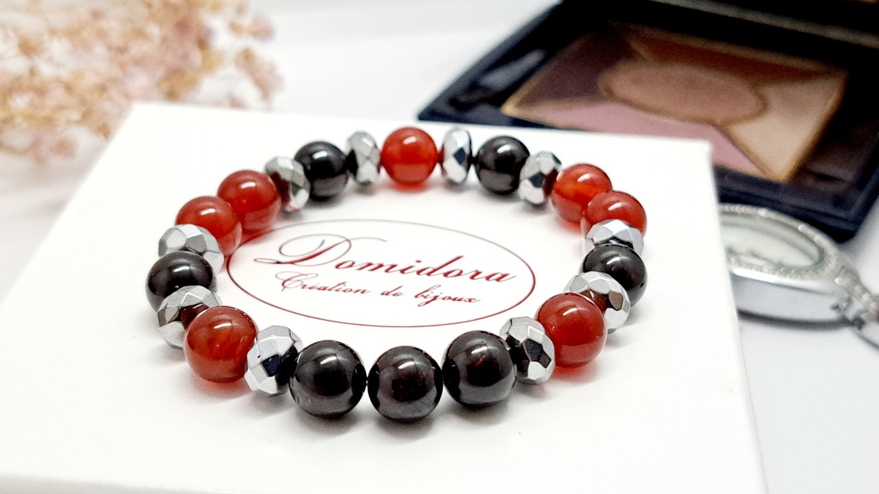 bracelet extensible en pierres naturelles citrine, hematite et pierre de soleil fatigue domidora
