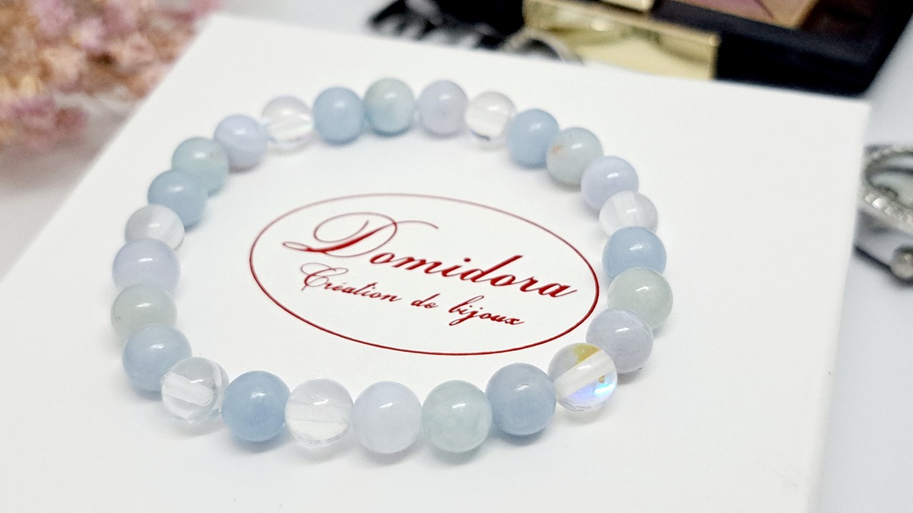 bracelet pierre naturelle aigue marine et obsidienne