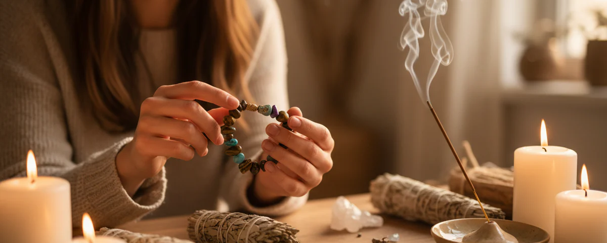 jeune femme souriante avec un bracelet en pierres naturelles