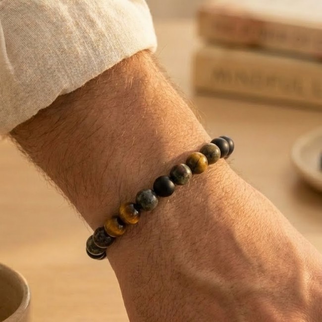 Bracelet extensible en pierres naturelles de protection onyx, oeil de tigre et sang du dragon , cadeau noel homme, fete des pères