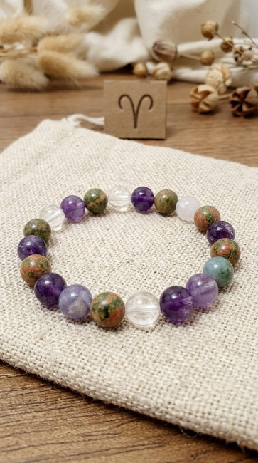 Bracelet astrologique extensible en pierres naturelles pour homme belier en fluorine, amethyste et unakite domidora