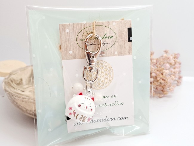 chat maneki neko blanc et pierre de lune, porte bonheur, cadeau unisexe, noel, anniversaire