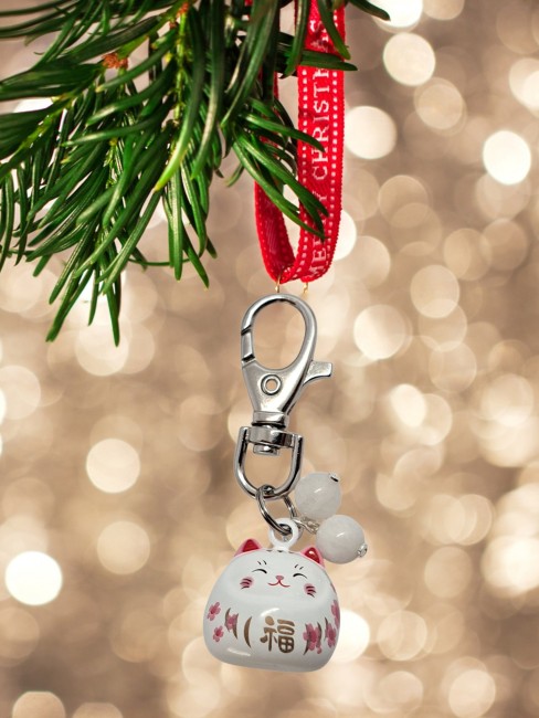 maneki neko, chat porte bonheur, porte clé pierre naturelle, cadeau unisexe chance 