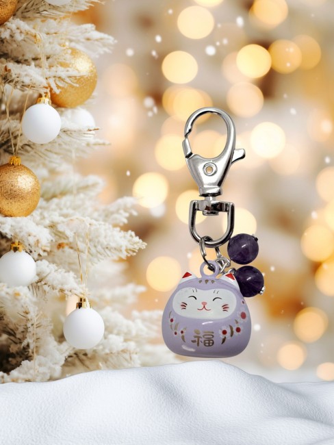 maneki neko, chat porte bonheur, porte clé pierre naturelle, cadeau unisexe chance 