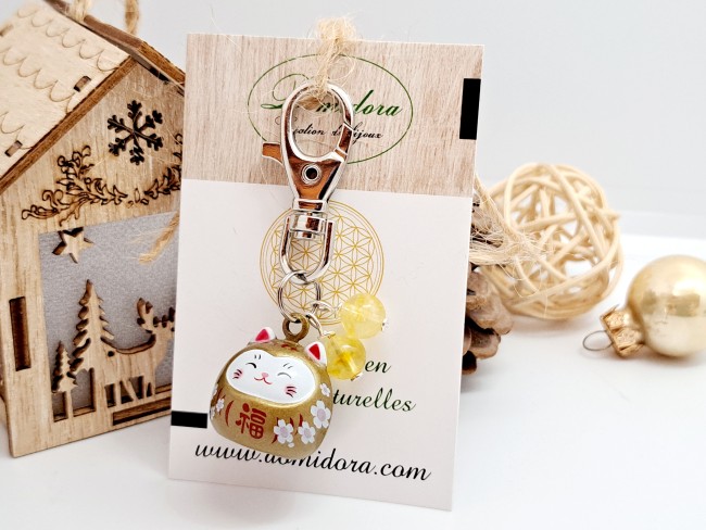 chat maneki neko doré et citrine, pour attirer la fortune et la richesse, cadeau unisexe, noel, anniversaire