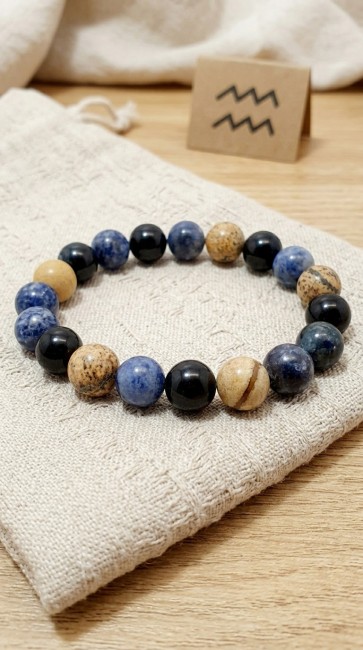 bracelet astrologique extensible en pierres naturelles pour homme verseau en sodalite, jaspe paysage et oeil de faucon, cadeau noel papa, cadeau fete des peres, domidora bracelet astrologique extensible en pierres naturelles pour homme verseau en sodalite, jaspe paysage et oeil de faucon domidora