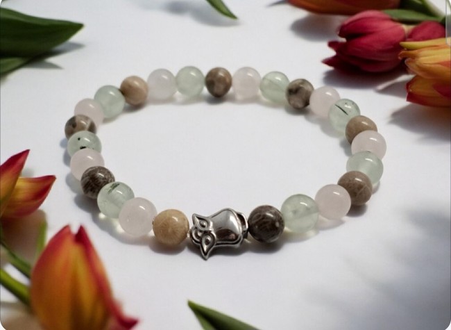 bracelet pierres naturelles enfant hyperactif en bois fossile et préhnite, cadeau noel enfant