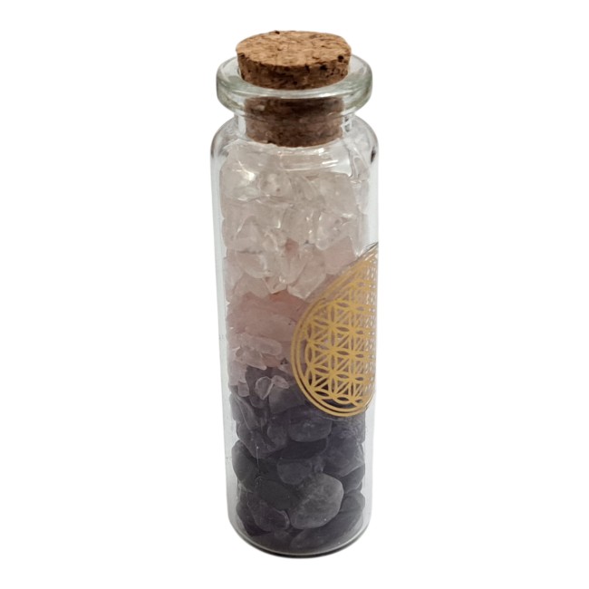 fiole pierres naturelles amethyste cristal de roche et quartz rose