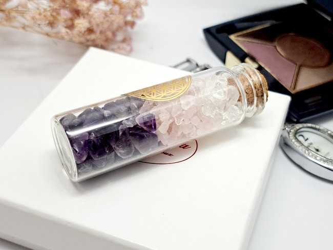 fiole pierres naturelles amethyste cristal de roche et quartz rose