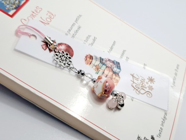 marque page maneki neko chat porte bonheur rose, cadeau Noel amour