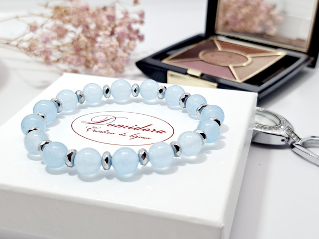 bracelet bleu en pierre naturelle calcedoine pour cadeau dame,maman, noel, anniversaire