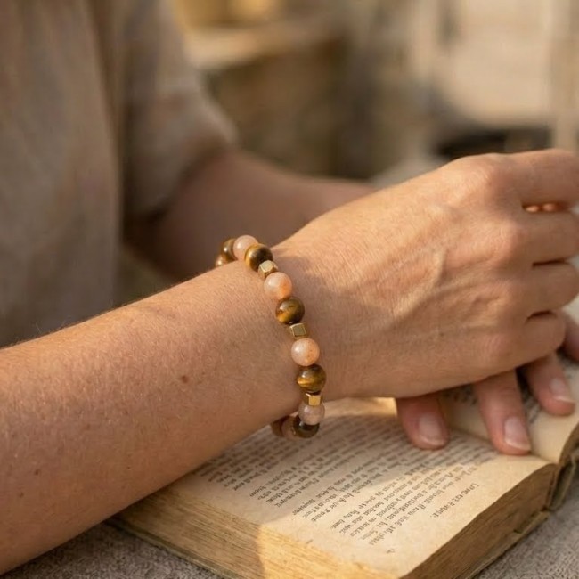 bracelet pierre de soleil et oeil de tigre, pierres naturelles de protection contre le stress, cadeau noel ou fete des mères fait mains