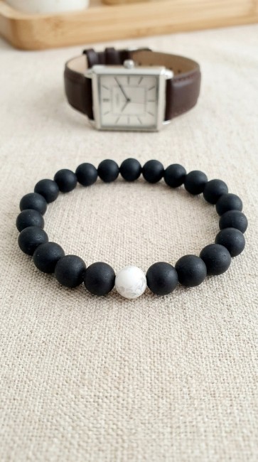 bracelets distance en pierres naturelles noir et blanc pour cadeau separation longue distance en howlite et onyx, domidora