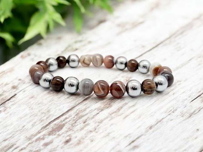 bracelet pierre naturelle addiction agate botswana, quartz fumé, hematite, cadeau femme, domidora