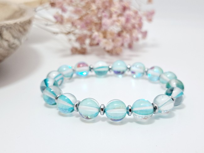 bracelet pierres naturelles aqua aura bleu, cadeau dame, maman
