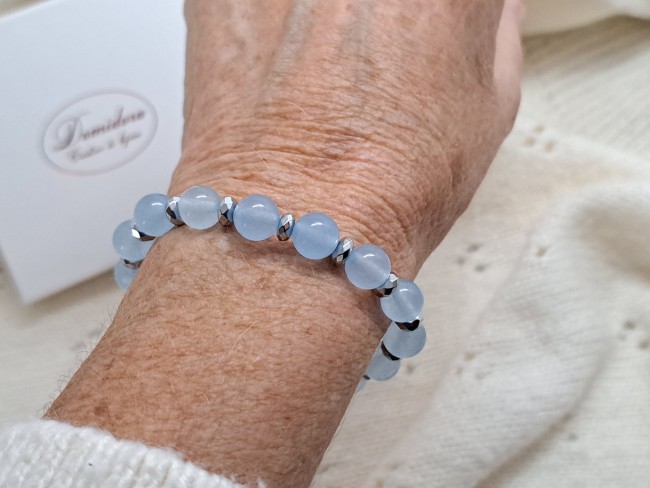 bracelet bleu en pierre naturelle calcedoine pour cadeau dame,maman, noel, anniversaire