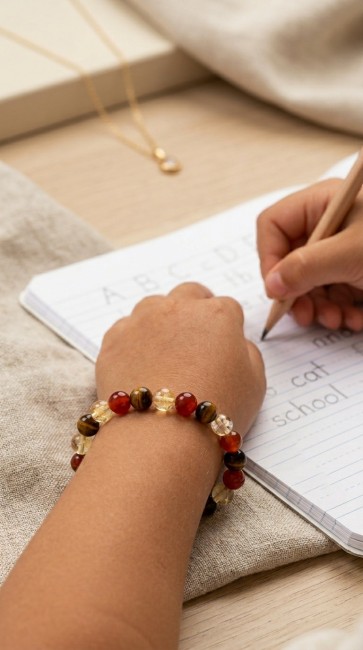 bracelet extensible en pierres naturelles concentration enfants cornaline, citrine et oeil de tigre, domidora