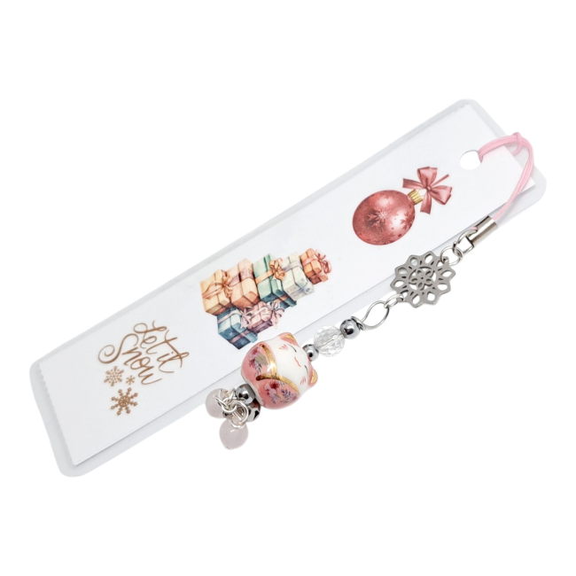 marque page maneki neko chat porte bonheur rose, cadeau Noel amour