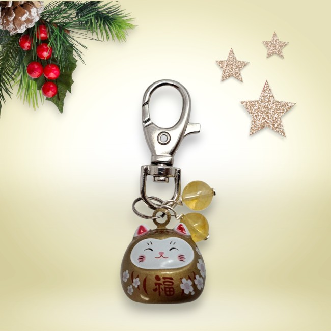 maneki neko, chat porte bonheur, porte clé pierre naturelle, cadeau unisexe chance 