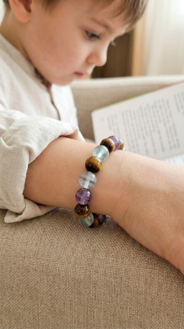 bracelet concentration enfant pierres naturelles fluorine et oeil de tigre pour protection et stress enfant, cadeau unisexe,cadeau maman, cadeau papa domidora