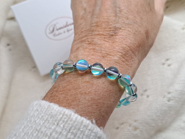 bracelet pierres naturelles aqua aura bleu, cadeau dame, maman