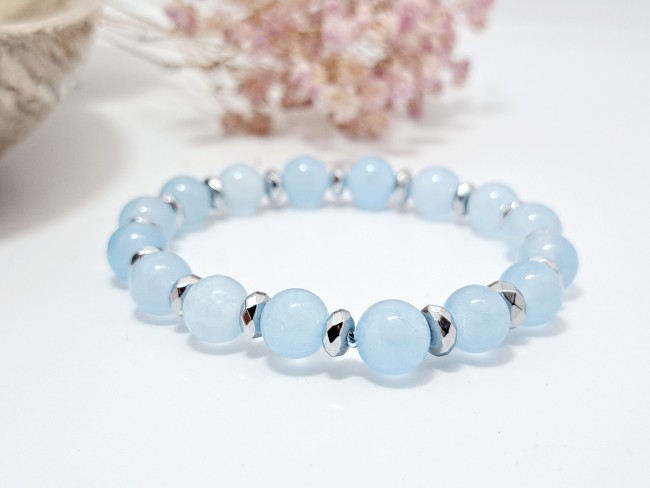 bracelet bleu en pierre naturelle calcedoine pour cadeau dame,maman, noel, anniversaire