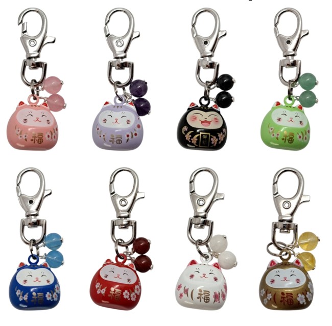 maneki neko, chat porte bonheur, porte clé pierre naturelle, cadeau unisexe chance 