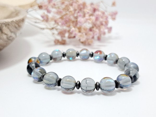 bracelet aqua aura gris, cadeau lithothérapie dames, cadeau noel