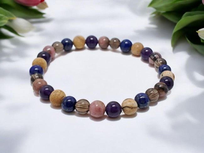 bracelet pierres naturelles chimiothérapie pour cadeau dame cancer du sein, améthyste, quartz fumé, jaspe paysage et rhodonite bracelet pierres naturelles chimiothérapie pour cadeau dame cancer du sein, améthyste, quartz fumé, jaspe paysage et rhodonite