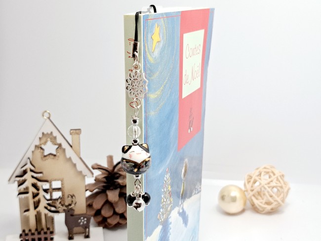 marque page maneki neko chat porte bonheur noir, cadeau Noel pas cher