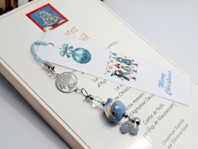 marque page maneki neko chat porte bonheur bleu, cadeau Noel pas cher