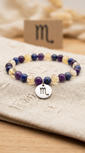 Bracelet astrologique extensible pierres naturelles pour le scorpion, améthyste, citrine et lapis, cadeau noel maman, cadeau fete des mères, domidora