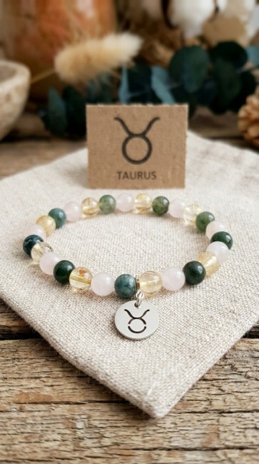 Bracelet astrologique extensible en pierres naturelles pour le taureau en quartz rose, citrine et agate mousse, cadeau noel maman, cadeau fete des mères, domidora