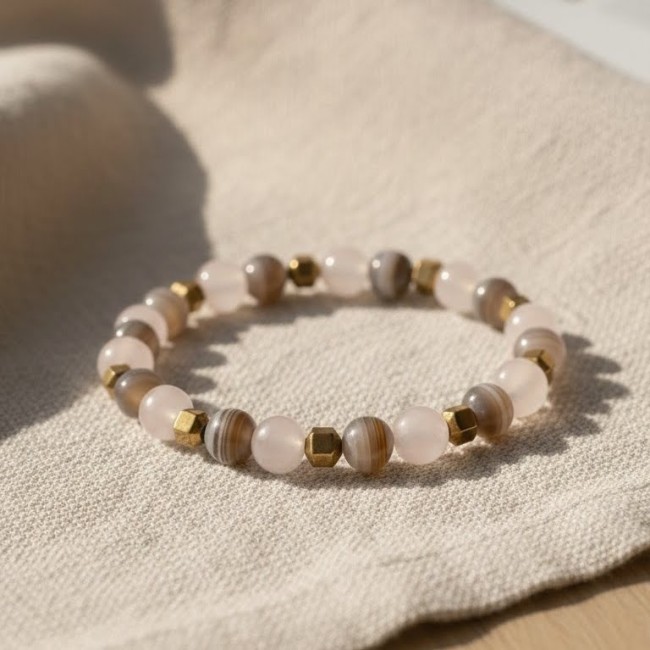 bracelet pierre naturelle douceur en quartz rose et agate du botswana pour chagrin, tristesse, solitude, cadeau personne âgee ephad