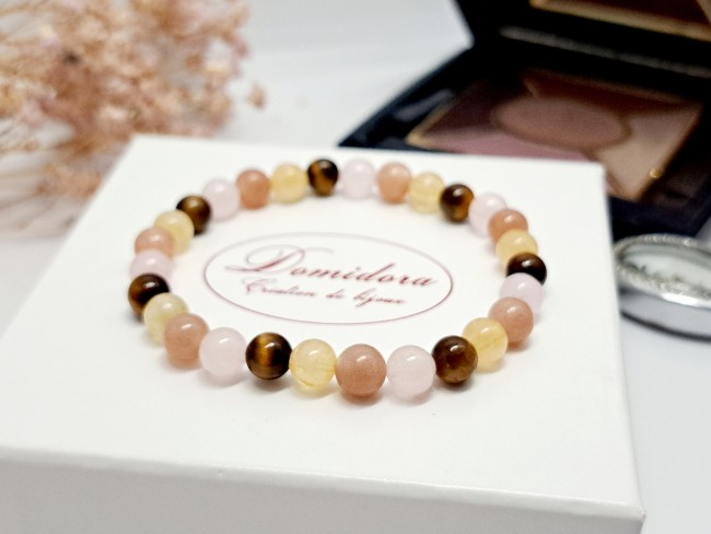 bracelet extensible en pierres naturelles pour lla fatigue et le stress en oeil de tigre, citrine, pierre de soleil et quartz rose, cadeau noel maman, cadeau femme, domidora