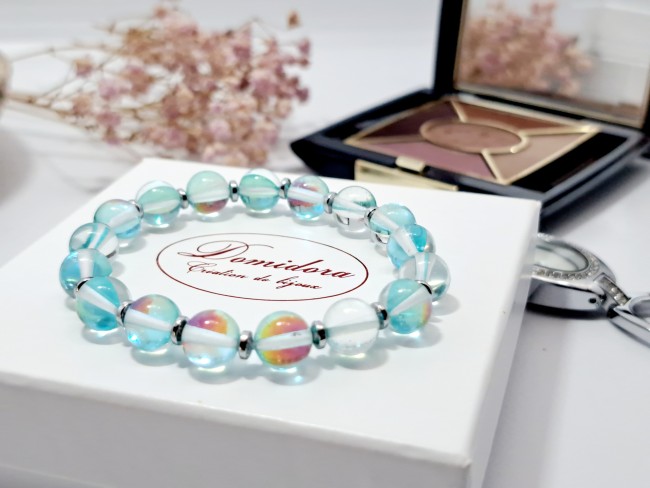 bracelet pierres naturelles aqua aura bleu, cadeau dame, maman
