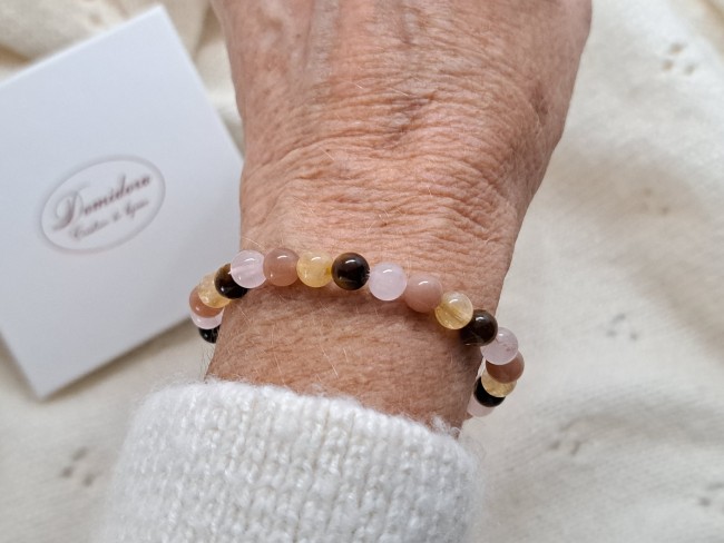 bracelet extensible en pierres naturelles pour lla fatigue et le stress en oeil de tigre, citrine, pierre de soleil et quartz rose, cadeau noel maman, cadeau femme, domidora