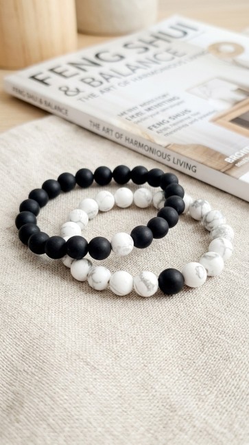 bracelets distance en pierres naturelles noir et blanc pour cadeau separation longue distance en howlite et onyx, domidora