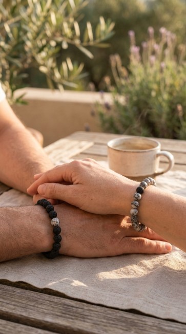 bracelets de couple, de séparation longue distance pour cadeau gays, lesbiennes, couple, en jaspe et pierre de lave, cadeau noel pour elle et lui