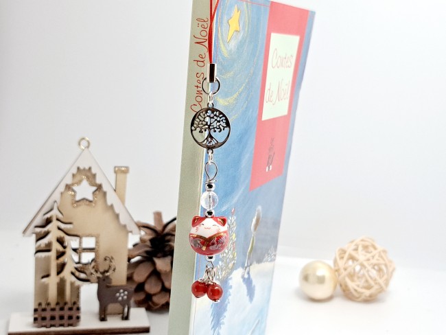 marque page maneki neko chat porte bonheur rouge, cadeau Noel pas cher