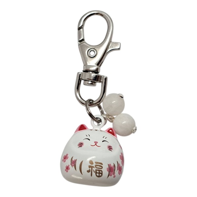 chat maneki neko blanc et pierre de lune, porte bonheur, cadeau unisexe, noel, anniversaire