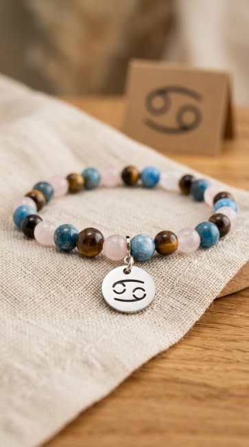 Bracelet astrologique extensible en pierres naturelles pour le signe du cancer en quartz rose, apatite et oeil de tigre, domidora