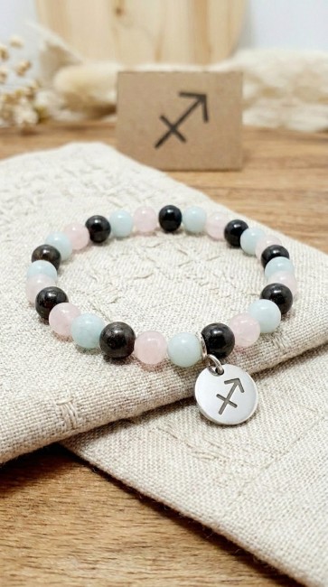 Bracelet astrologique extensible en pierres naturelles quartz rose, amazonite et grenat pour le signe du sagittaire, cadeau noel 