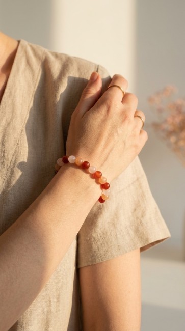 bracelet extensible cornaline, pierre de soleil et quartz rose pour angoisses domidora