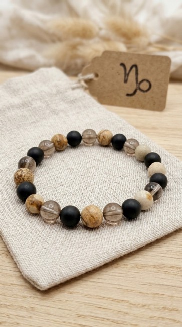 Bracelet astrologique extensible pierres naturelles quartz fumé, onyx et jaspe paysage, cadeau fete des peres, cadeau noel papa, domidora