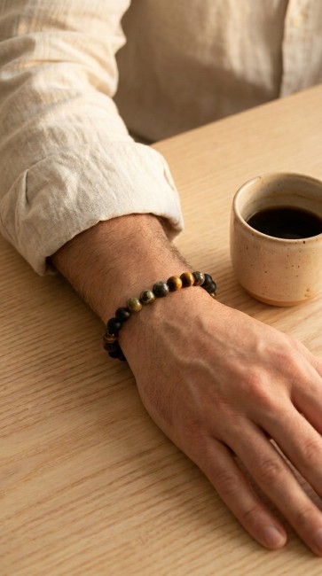 Bracelet extensible en pierres naturelles de protection onyx, oeil de tigre et sang du dragon , cadeau noel homme, fete des pères